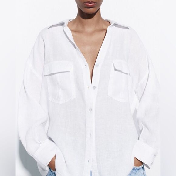 Zara 100% Linen Shirt With Pockets - Picture 1 of 9